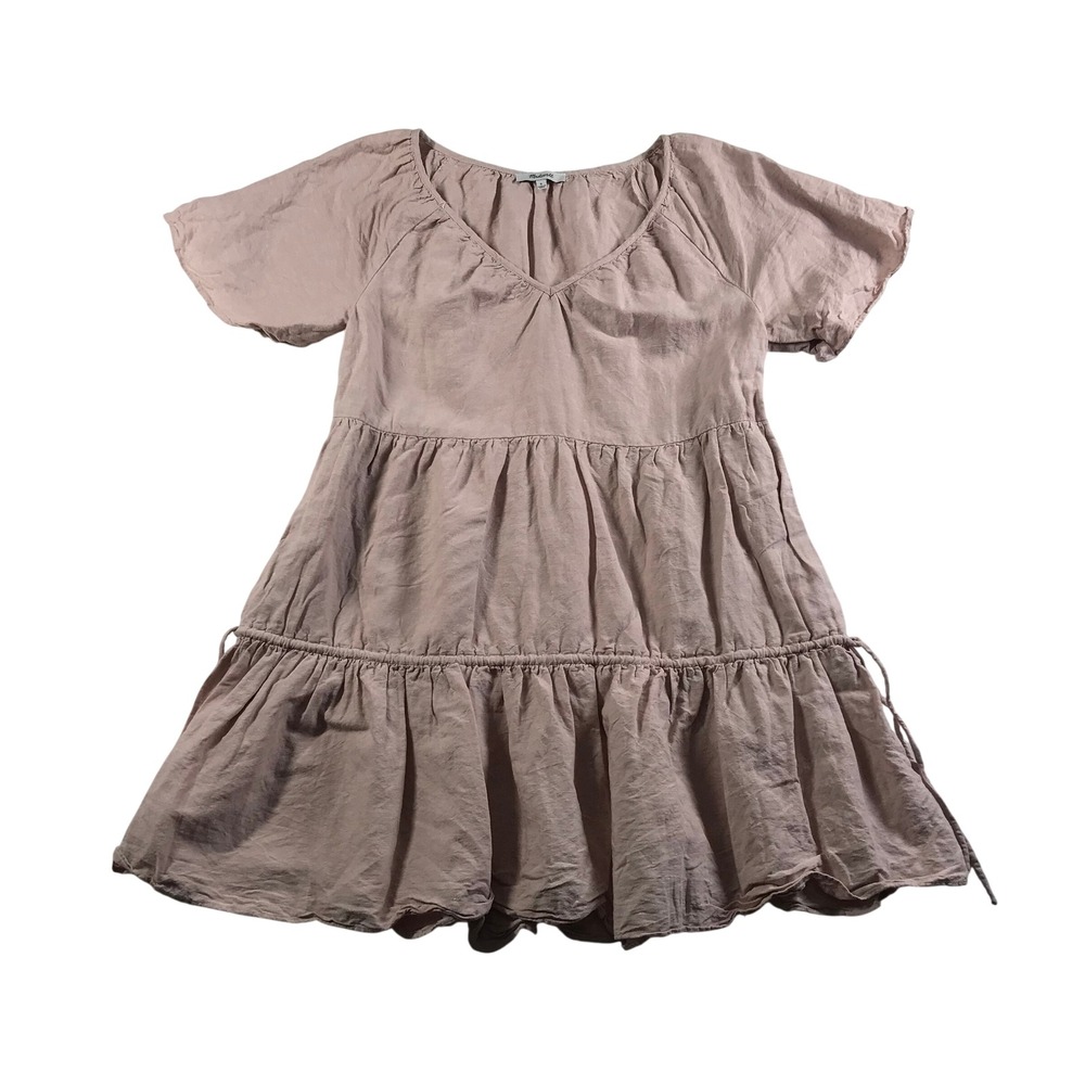 Madewell Pink Linen Blend Tiered V-Neck Mini Dress Short Sleeve Small